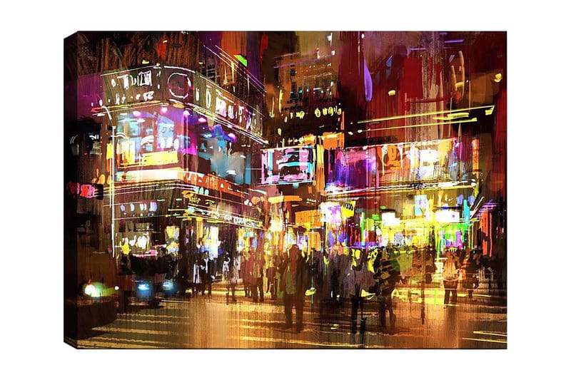 Canvastavla 70x100 cm - Livlig stadsbild med människor som rör sig bland färgglada neonskyltar och ljus - Lila / Gul / Grön - Inredning & dekor - Tavlor & konst - Canvastavla