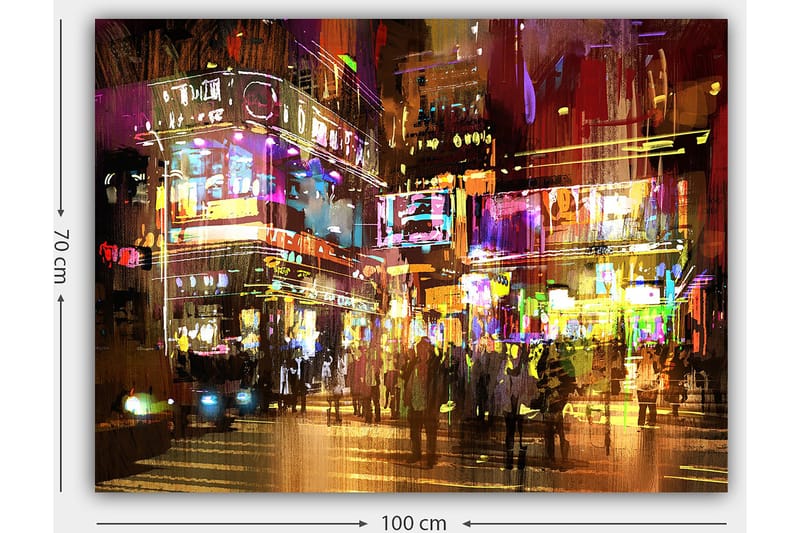 Canvastavla 70x100 cm - Livlig stadsbild med människor som rör sig bland färgglada neonskyltar och ljus - Lila / Gul / Grön - Inredning & dekor - Tavlor & konst - Canvastavla