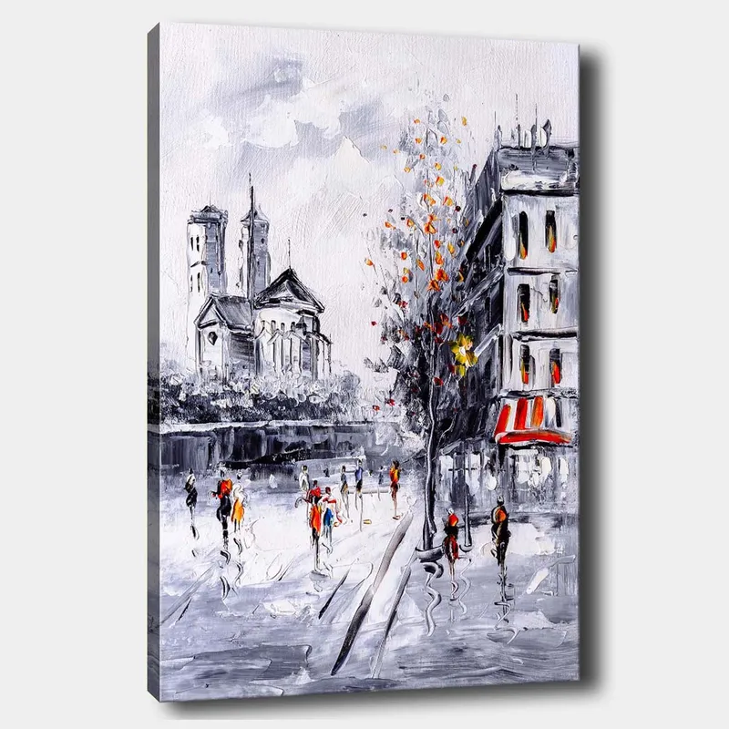 Canvastavla 70x100 cm - Livlig stadsbild med människor som promenerar framför en kyrka och byggnader i en h östlig miljö, Grå / Orange / Svart