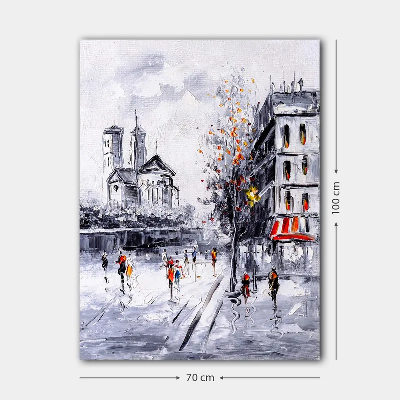 Canvastavla 70x100 cm - Livlig stadsbild med människor som promenerar framför en kyrka och byggnader i en höstlig miljö - Grå / Orange / Svart - Inredning & dekor - Tavlor & konst - Canvastavla