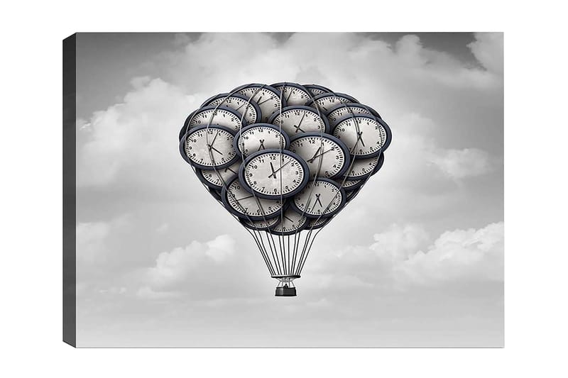 Canvastavla 70x100 cm - Luftballong formad av klockor som svävar i en drömlik himmel - Grå / Svart / Vit - Inredning & dekor - Tavlor & konst - Canvastavla