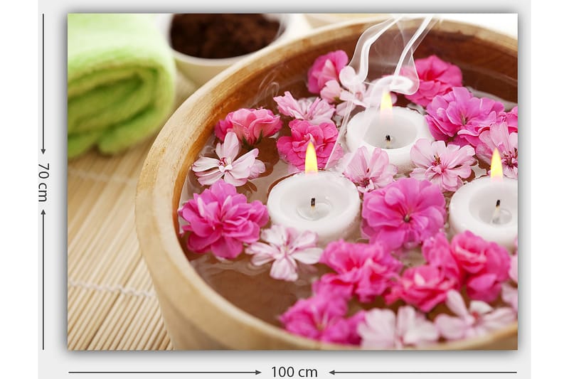 Canvastavla 70x100 cm - Lugn och avkopplande skål med flytande blommor och ljus - Rosa / Vit / Gul - Inredning & dekor - Tavlor & konst - Canvastavla