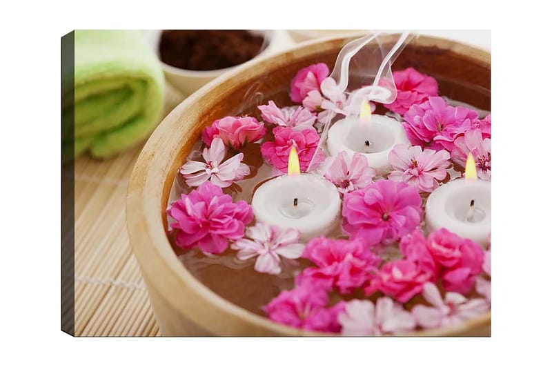 Canvastavla 70x100 cm - Lugn och avkopplande skål med flytande blommor och ljus, Rosa / Vit / Gul