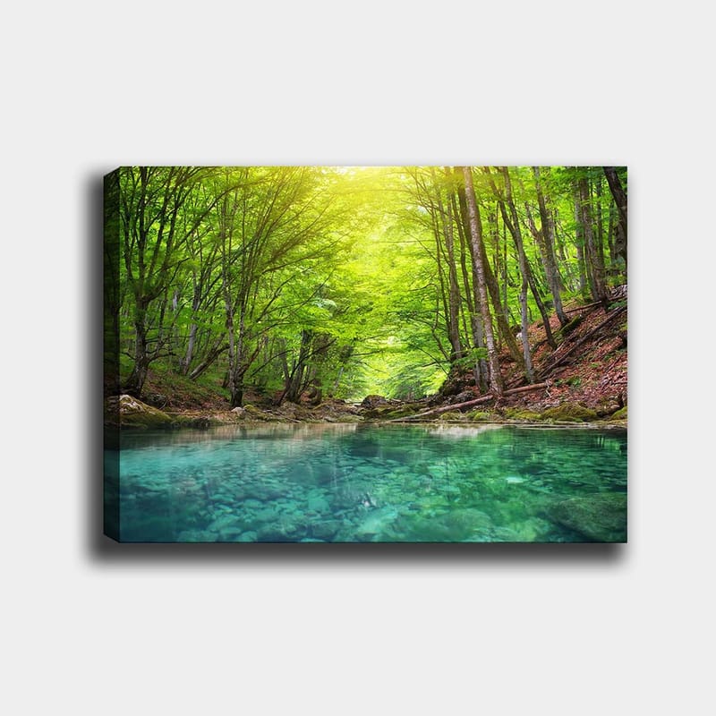 Canvastavla 70x100 cm - Lugn skogssjö omgiven av frodiga gröna träd och klippiga stränder - Grön / Turkos - Inredning & dekor - Tavlor & konst - Canvastavla