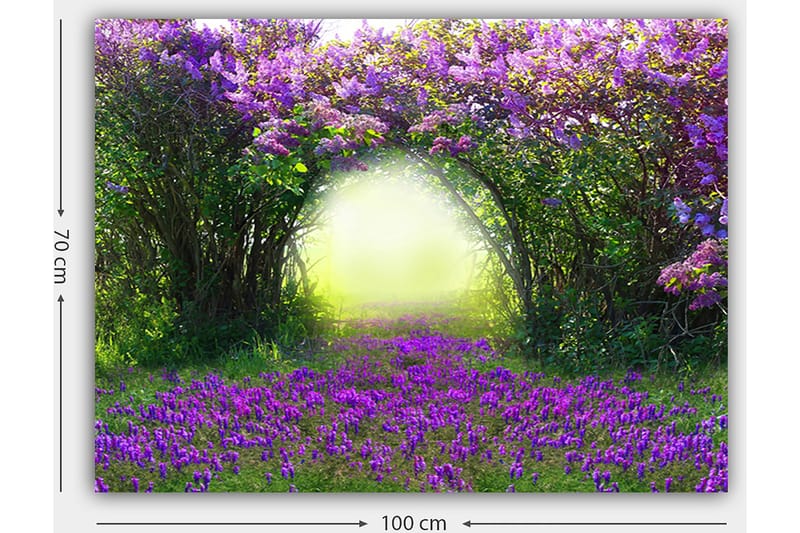 Canvastavla 70x100 cm - Magisk trädgård med lila blommor som leder in i en ljus tunnel av grönska - Lila / Grön / Gul - Inredning & dekor - Tavlor & konst - Canvastavla