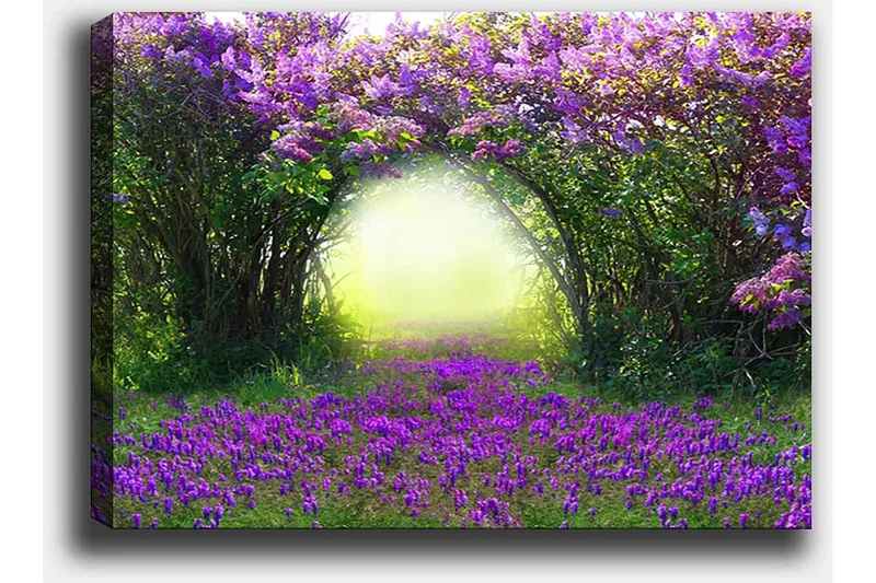 Canvastavla 70x100 cm - Magisk trädgård med lila blommor som leder in i en ljus tunnel av grönska - Lila / Grön / Gul - Inredning & dekor - Tavlor & konst - Canvastavla