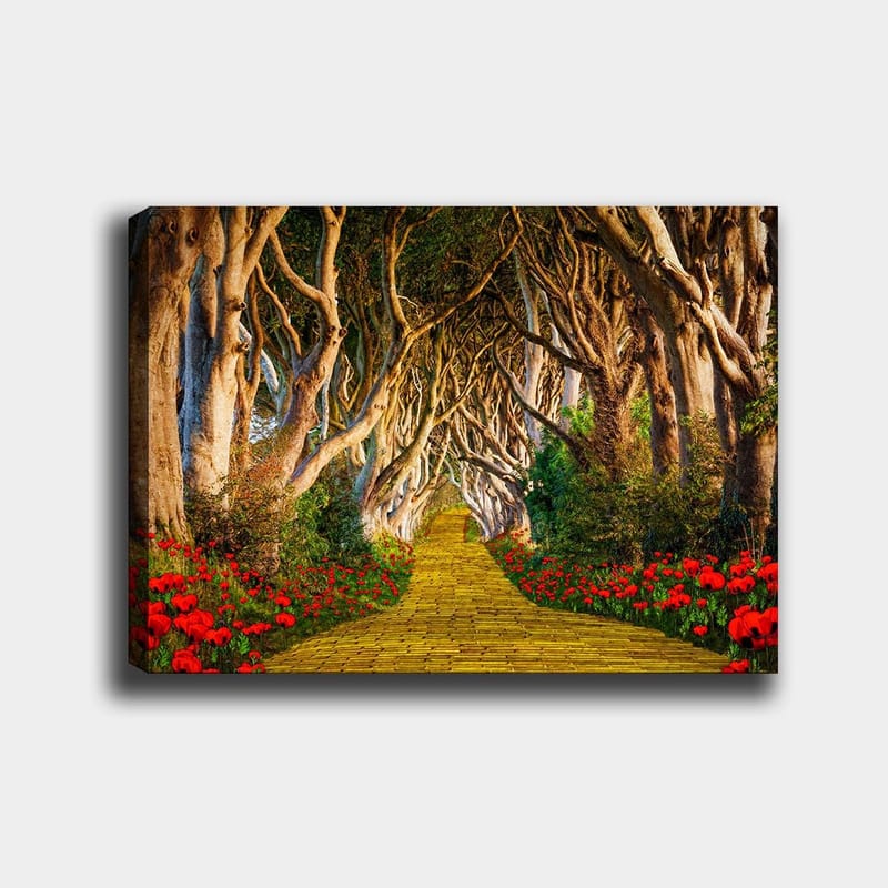 Canvastavla 70x100 cm - Magisk väg kantad av blommor som leder genom en tunnel av träd - Gult / Grönt / Rött - Inredning & dekor - Tavlor & konst - Canvastavla