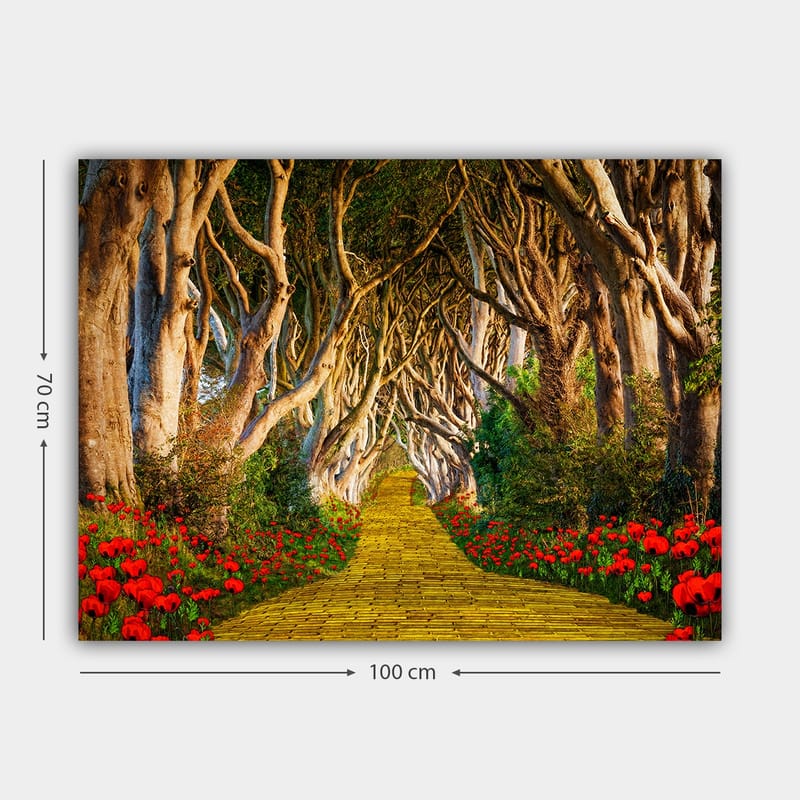 Canvastavla 70x100 cm - Magisk väg kantad av blommor som leder genom en tunnel av träd - Gult / Grönt / Rött - Inredning & dekor - Tavlor & konst - Canvastavla
