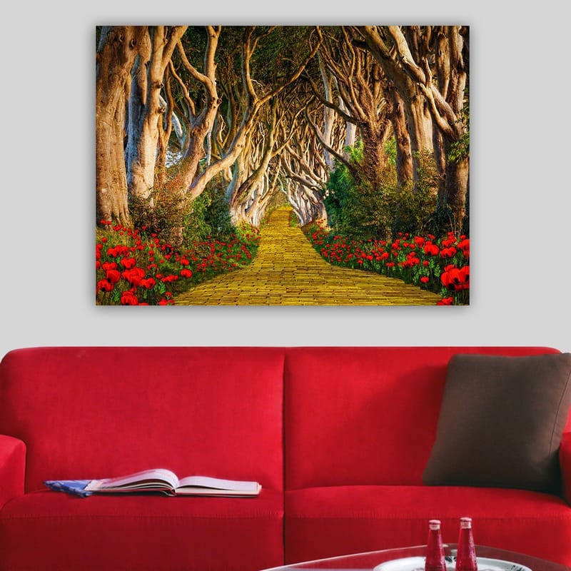 Canvastavla 70x100 cm - Magisk väg kantad av blommor som leder genom en tunnel av träd - Gult / Grönt / Rött - Inredning & dekor - Tavlor & konst - Canvastavla