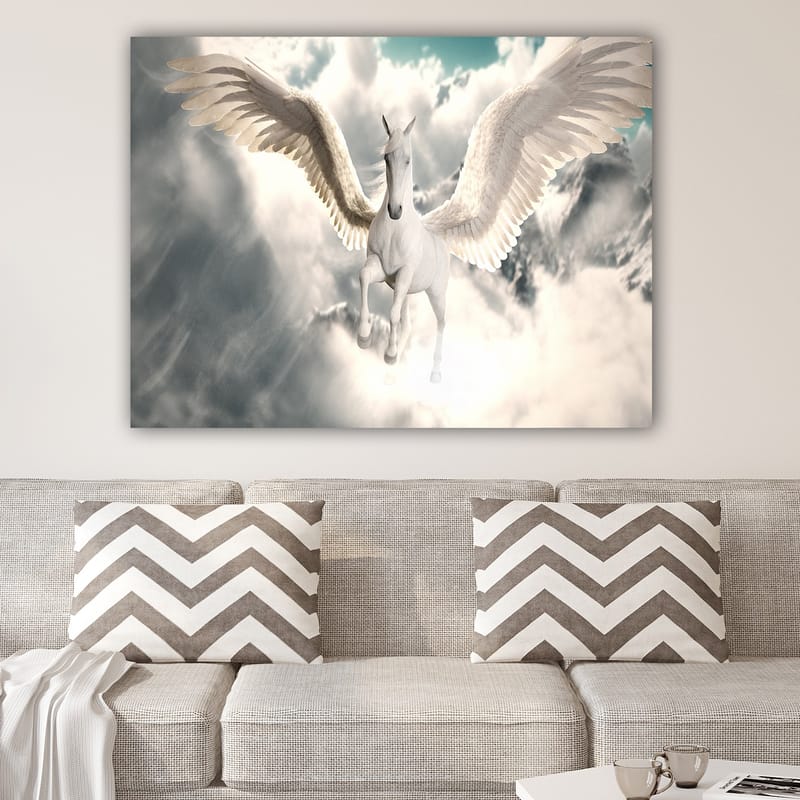 Canvastavla 70x100 cm - Majestätisk bevingad enhörning som svävar genom molnen - Vit / Ljusblå / Grå - Inredning & dekor - Tavlor & konst - Canvastavla