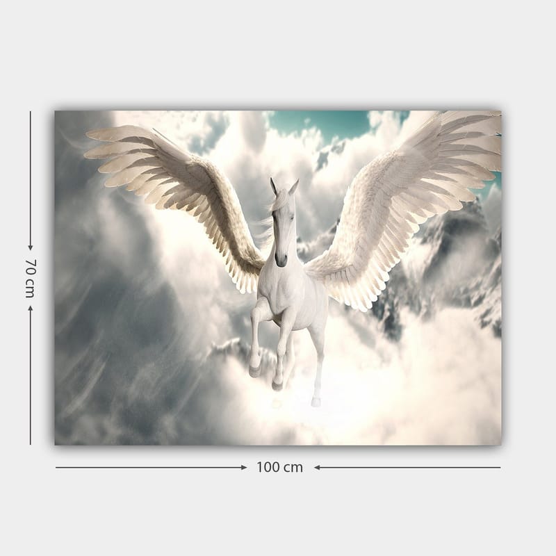 Canvastavla 70x100 cm - Majestätisk bevingad enhörning som svävar genom molnen - Vit / Ljusblå / Grå - Inredning & dekor - Tavlor & konst - Canvastavla
