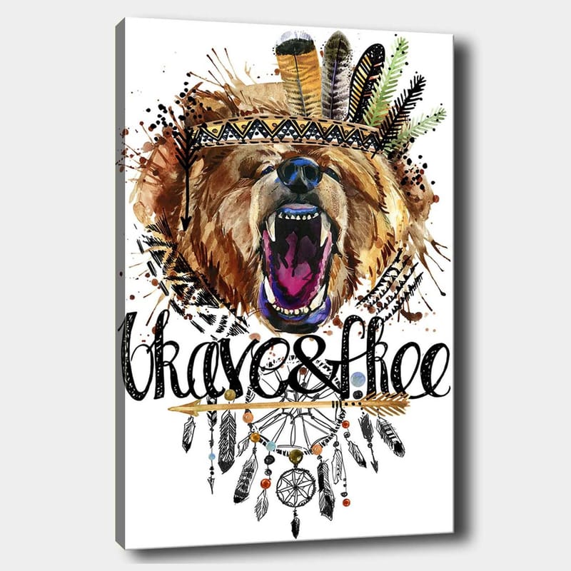 Canvastavla 70x100 cm - Majestätisk björnhuvud med en färgglad fjäderkrans och dekorativa detaljer - Brun / Svart / Orange - Inredning & dekor - Tavlor & konst - Canvastavla