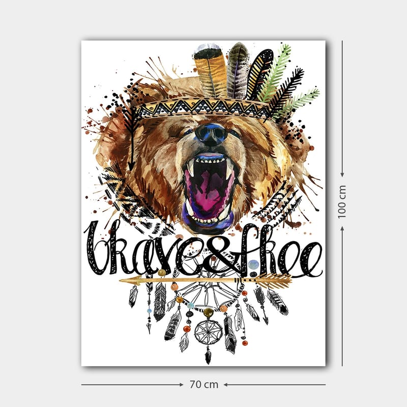 Canvastavla 70x100 cm - Majestätisk björnhuvud med en färgglad fjäderkrans och dekorativa detaljer - Brun / Svart / Orange - Inredning & dekor - Tavlor & konst - Canvastavla