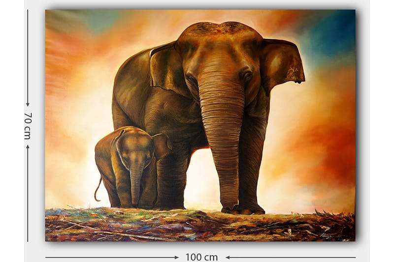 Canvastavla 70x100 cm - Majestätisk elefant med sitt kalv i en varm och färgrik miljö - Brun / Orange / Beige - Inredning & dekor - Tavlor & konst - Canvastavla