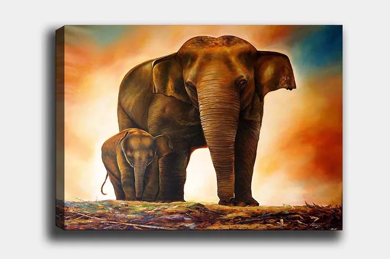 Canvastavla 70x100 cm - Majestätisk elefant med sitt kalv i en varm och färgrik miljö, Brun / Orange / Beige