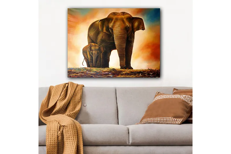 Canvastavla 70x100 cm - Majestätisk elefant med sitt kalv i en varm och färgrik miljö - Brun / Orange / Beige - Inredning & dekor - Tavlor & konst - Canvastavla
