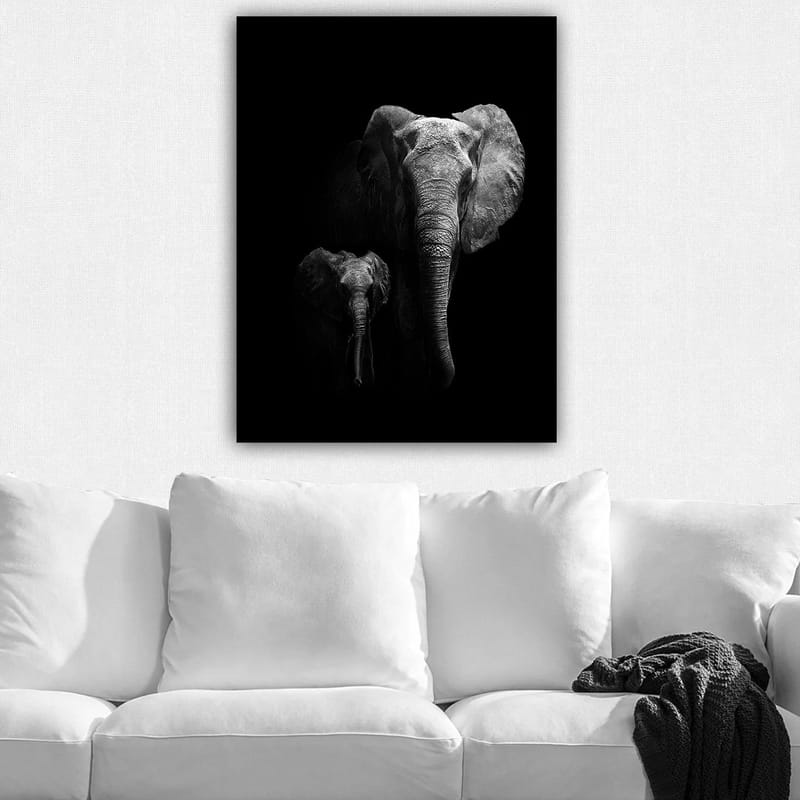 Canvastavla 70x100 cm - Majestätisk elefant och en kalv som framhäver deras relation i en dramatisk svartvit komposition - Svart / Grå - Inredning & dekor - Tavlor & konst - Canvastavla