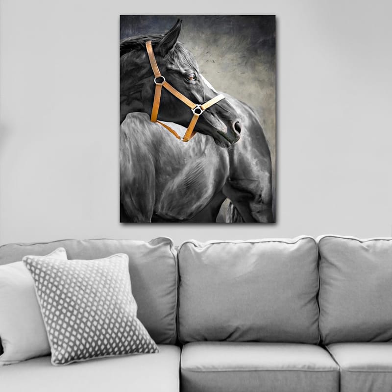 Canvastavla 70x100 cm - Majestätisk häst med ett brunt träns som fångar betraktarens uppmärksamhet - Svart / Brunt / Grått - Inredning & dekor - Tavlor & konst - Canvastavla