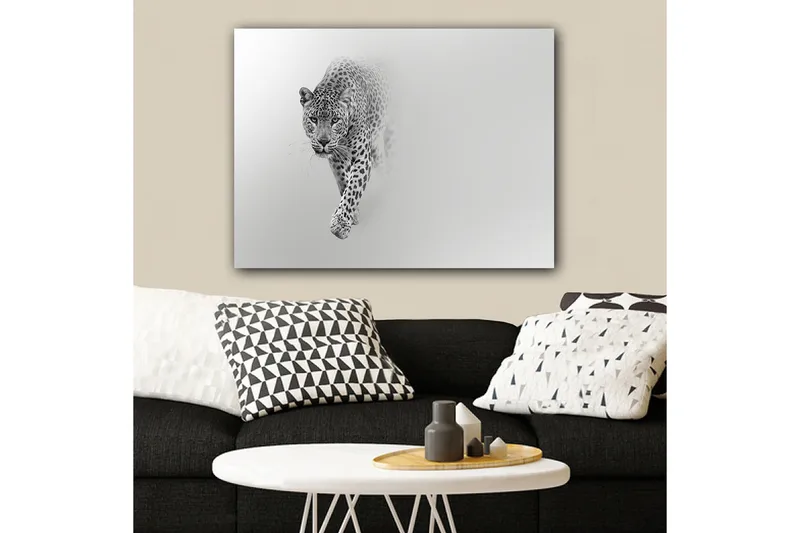 Canvastavla 70x100 cm - Majestätisk leopard som rör sig framåt i en stilren och minimalistisk komposition - Svart / Grå - Inredning & dekor - Tavlor & konst - Canvastavla