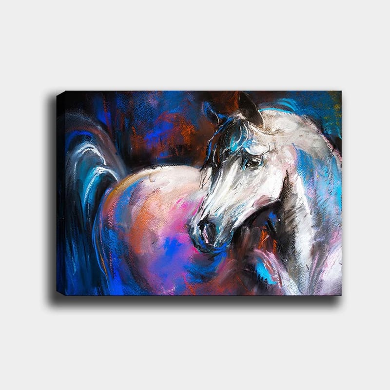 Canvastavla 70x100 cm - Majestätisk vit häst med färgglada detaljer i bakgrunden - Vit / Blå / Rosa - Inredning & dekor - Tavlor & konst - Canvastavla