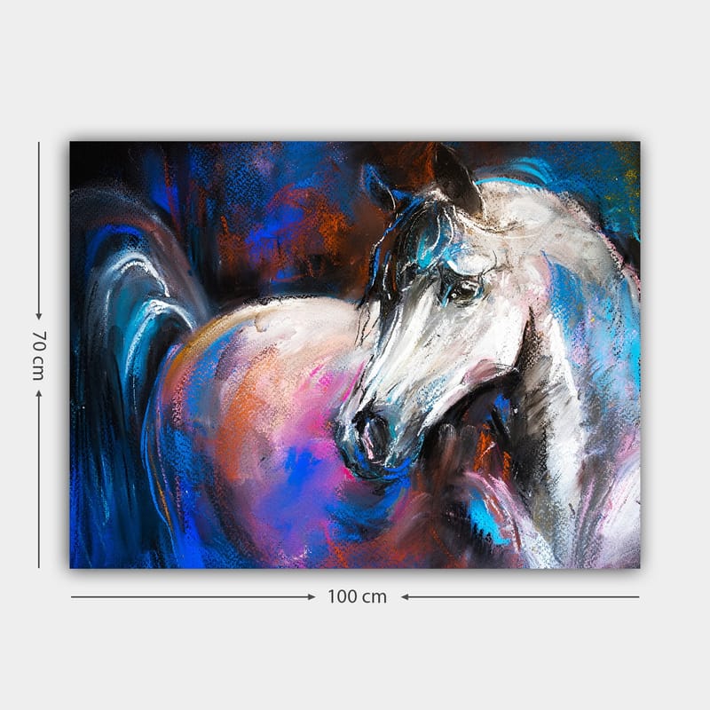 Canvastavla 70x100 cm - Majestätisk vit häst med färgglada detaljer i bakgrunden - Vit / Blå / Rosa - Inredning & dekor - Tavlor & konst - Canvastavla