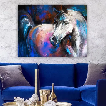 Canvastavla 70x100 cm - Majestätisk vit häst med färgglada detaljer i bakgrunden - Vit / Blå / Rosa - Inredning & dekor - Tavlor & konst - Canvastavla