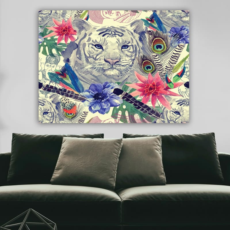 Canvastavla 70x100 cm - Majestätisk vit tiger omgiven av färgglada blommor och fjädrar - Vit / Grön / Rosa - Inredning & dekor - Tavlor & konst - Canvastavla