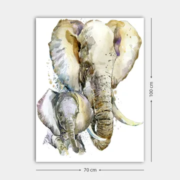 Canvastavla 70x100 cm - Målningen föreställer en stor och en liten elefant i en mjuk och färgstark akvarellstil - Grå / Beige / Lila - Inredning & dekor - Tavlor & konst - Canvastavla