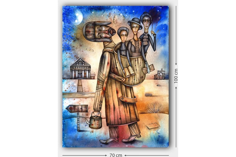 Canvastavla 70x100 cm - Man bär en kvinna och ett barn på ryggen, omgiven av en landskapsmiljö med hus och en skylt - Blå / Brun / Beige - Inredning & dekor - Tavlor & konst - Canvastavla