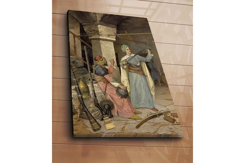 Canvastavla 70x100 cm - Man i traditionell klädsel visar upp ett svärd medan en kvinna i färgglada kläder ser på med intresse - Blå / Röd / Grön - Inredning & dekor - Tavlor & konst - Canvastavla