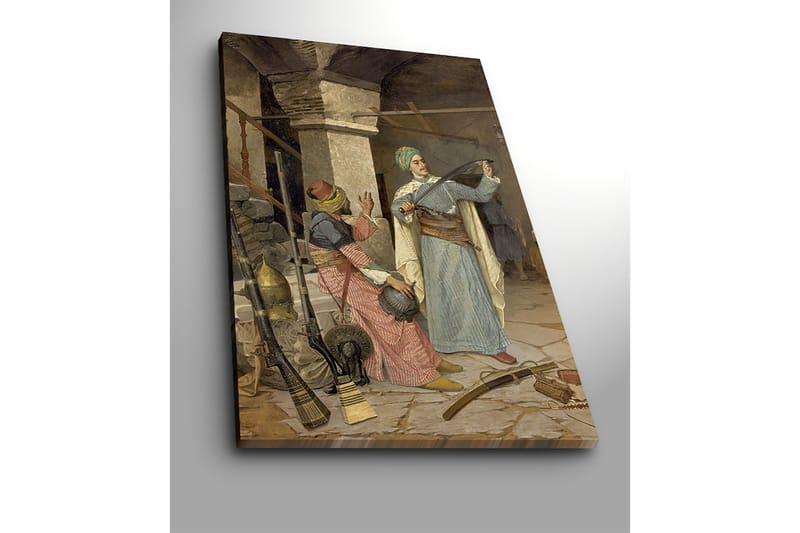 Canvastavla 70x100 cm - Man i traditionell klädsel visar upp ett svärd medan en kvinna i färgglada kläder ser på med intresse - Blå / Röd / Grön - Inredning & dekor - Tavlor & konst - Canvastavla