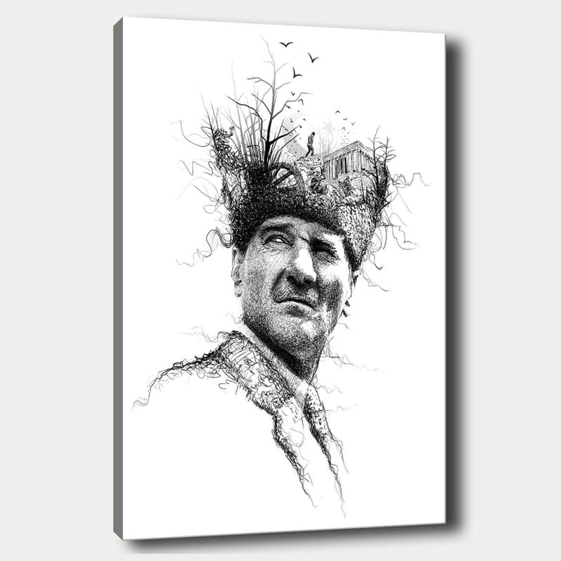 Canvastavla 70x100 cm - Man med en kreativ och surrealistisk frisyr som föreställer träd och en byggnad, Svart / Vitt