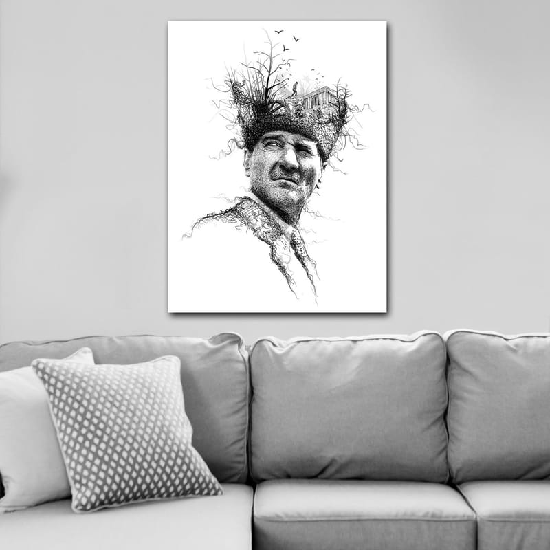 Canvastavla 70x100 cm - Man med en kreativ och surrealistisk frisyr som föreställer träd och en byggnad - Svart / Vitt - Inredning & dekor - Tavlor & konst - Canvastavla