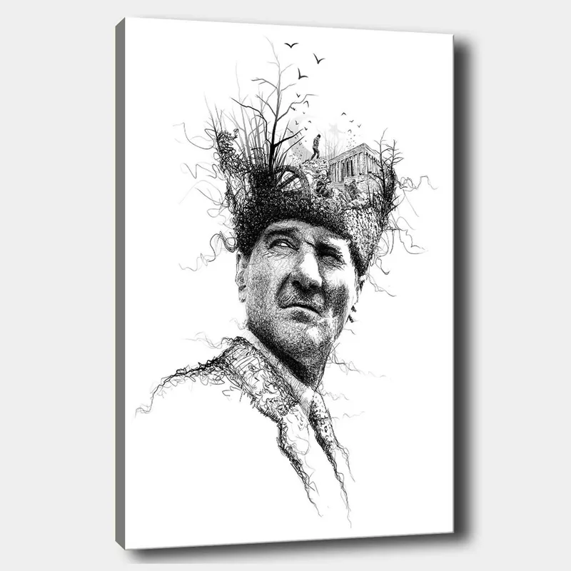 Canvastavla 70x100 cm - Man med en kreativ och surrealistisk frisyr som föreställer träd och en byggnad, Svart / Vitt