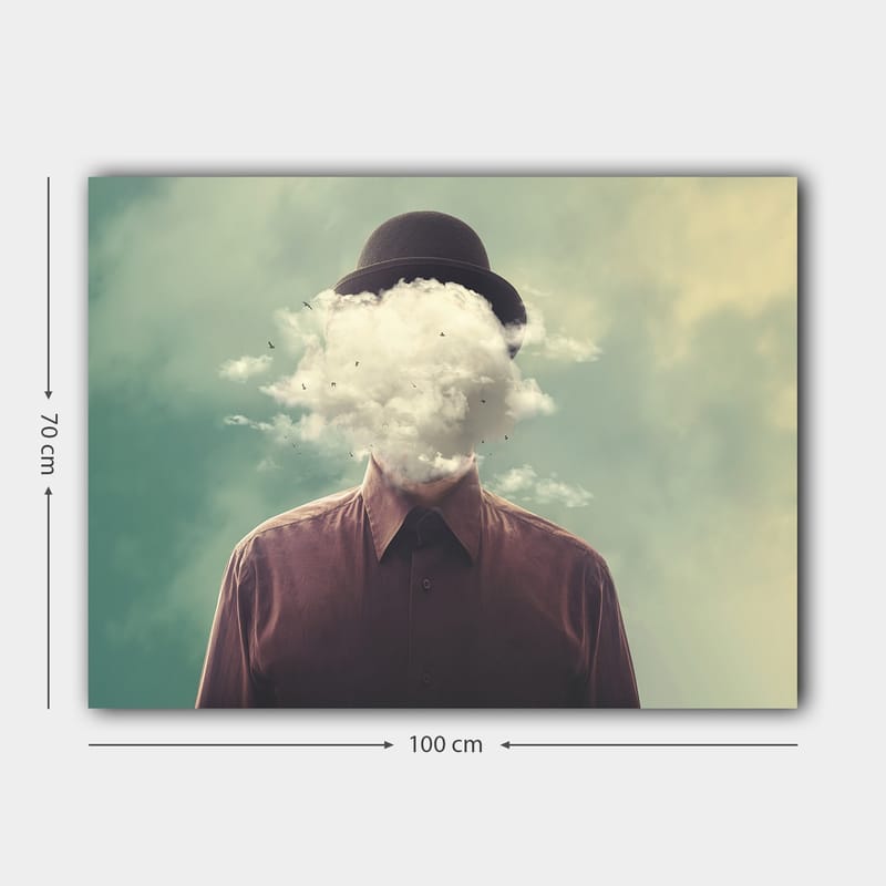 Canvastavla 70x100 cm - Man med hatt vars ansikte är dolt av en molnformation - Mörkbrun / Ljusgrå / Grön - Inredning & dekor - Tavlor & konst - Canvastavla