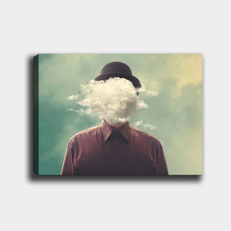 Canvastavla 70x100 cm - Man med hatt vars ansikte är dolt av en molnformation - Mörkbrun / Ljusgrå / Grön - Inredning & dekor - Tavlor & konst - Canvastavla