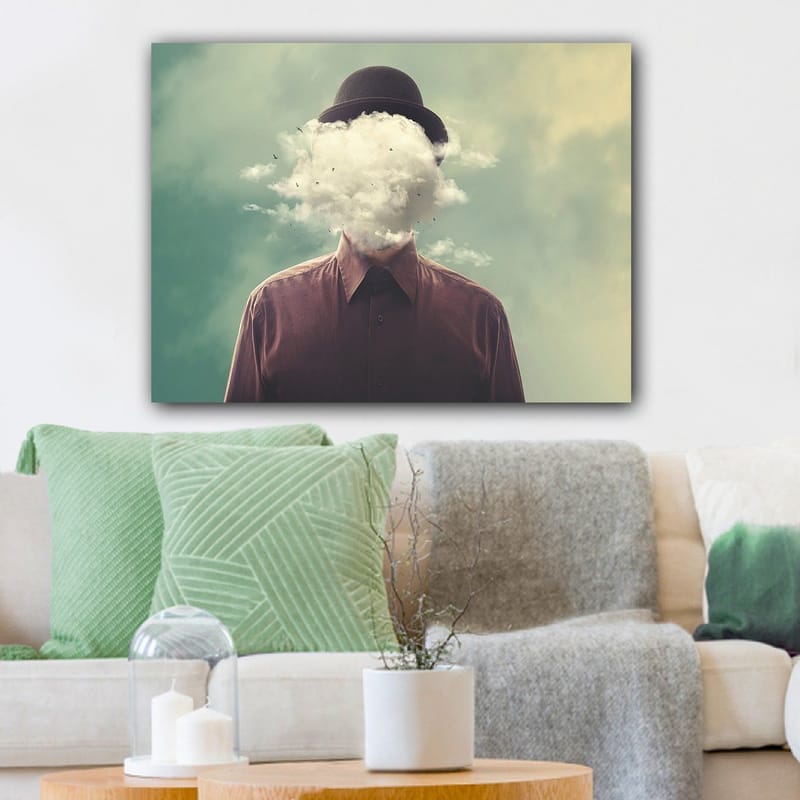 Canvastavla 70x100 cm - Man med hatt vars ansikte är dolt av en molnformation - Mörkbrun / Ljusgrå / Grön - Inredning & dekor - Tavlor & konst - Canvastavla