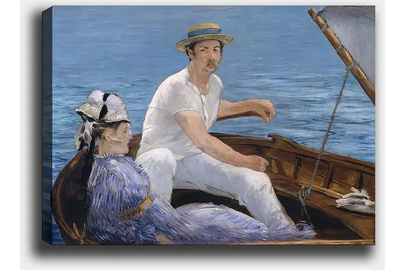 Canvastavla 70x100 cm - Man och en kvinna sitter i en båt på vattnet, omgivna av en lugn och harmonisk atmosfär - Blå / Vit / Brun - Inredning & dekor - Tavlor & konst - Canvastavla