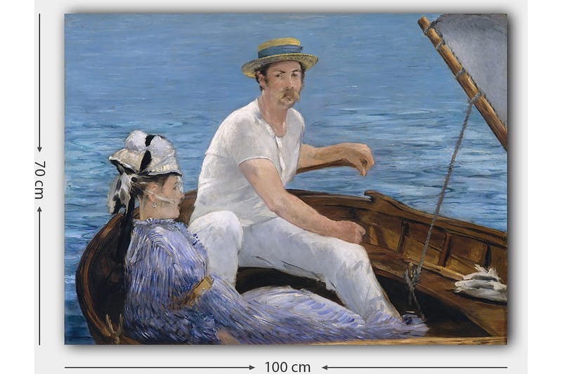Canvastavla 70x100 cm - Man och en kvinna sitter i en båt på vattnet, omgivna av en lugn och harmonisk atmosfär - Blå / Vit / Brun - Inredning & dekor - Tavlor & konst - Canvastavla