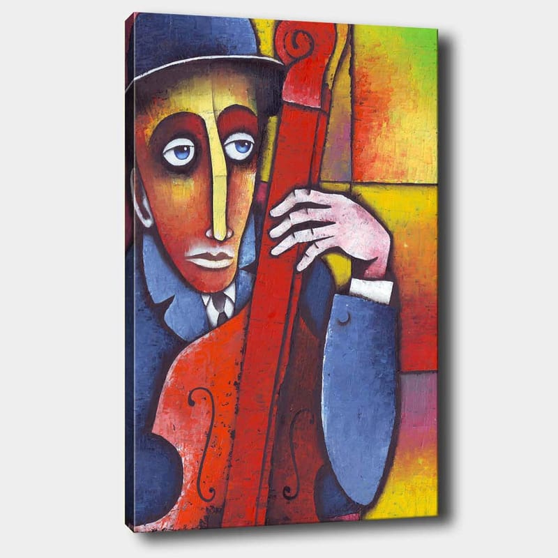 Canvastavla 70x100 cm - Man som spelar ett rödaktigt instrument med en melankolisk uttryck, Röd / Blå / Gul