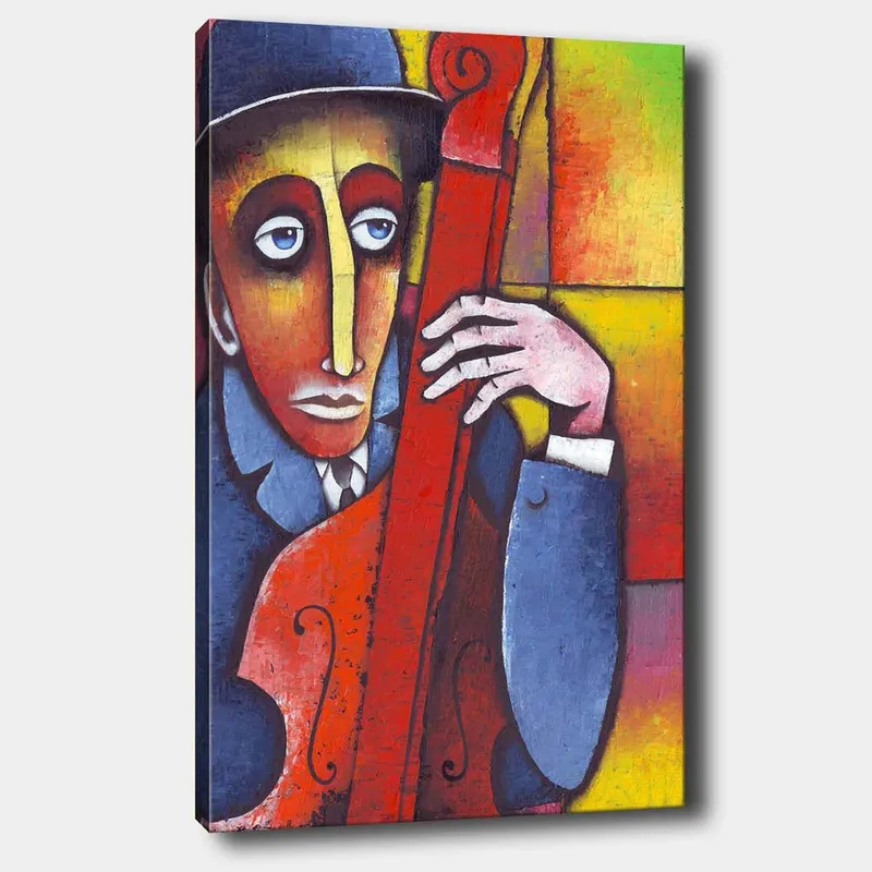 Canvastavla 70x100 cm - Man som spelar ett rödaktigt instrument med en melankolisk uttryck, Röd / Blå / Gul