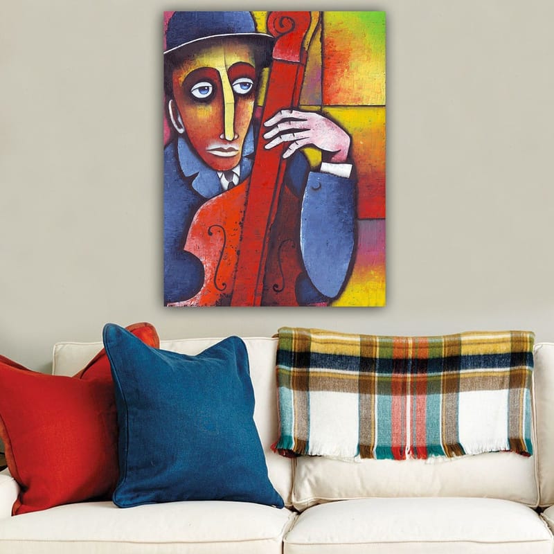 Canvastavla 70x100 cm - Man som spelar ett rödaktigt instrument med en melankolisk uttryck - Röd / Blå / Gul - Inredning & dekor - Tavlor & konst - Canvastavla
