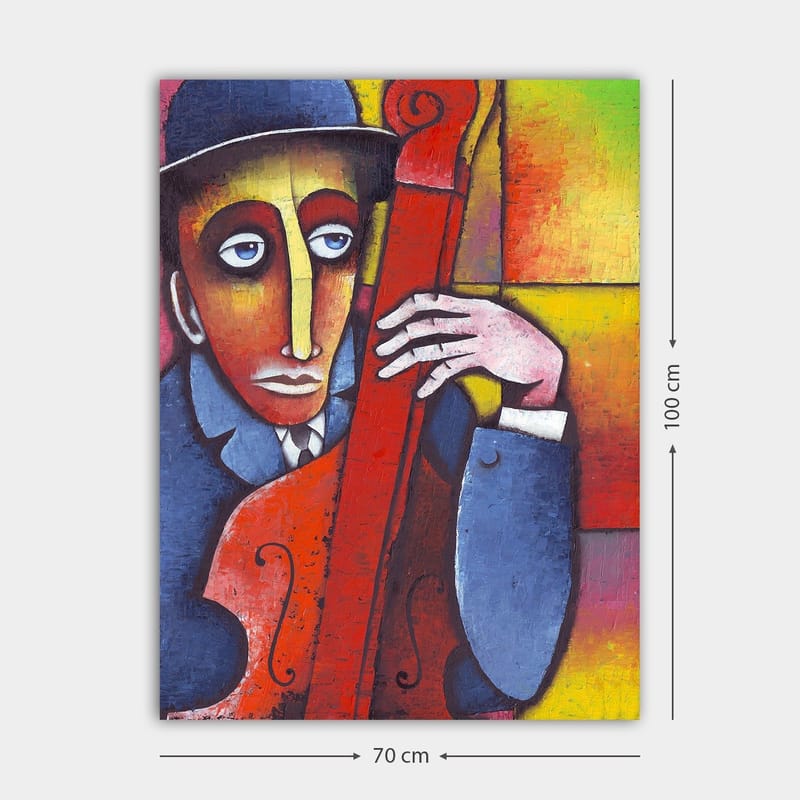 Canvastavla 70x100 cm - Man som spelar ett rödaktigt instrument med en melankolisk uttryck - Röd / Blå / Gul - Inredning & dekor - Tavlor & konst - Canvastavla