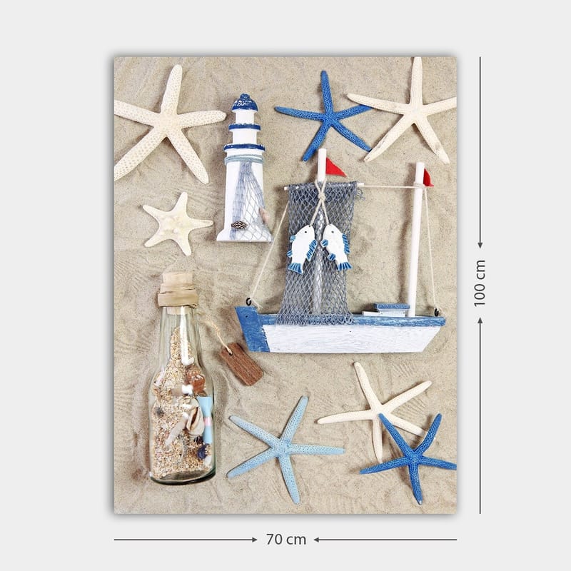 Canvastavla 70x100 cm - Maritim komposition med en båt, en fyr och sjöstj ärnor - Blå / Vit / Beige - Inredning & dekor - Tavlor & konst - Canvastavla