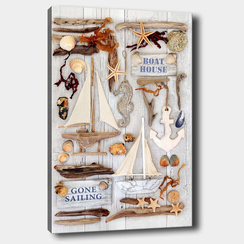 Canvastavla 70x100 cm - Maritim komposition med segelbåtar, snäckor och sjöstjärnor som skapar en somrig atmosfär - Beige / Brunt / Blått - Inredning & dekor - Tavlor & konst - Canvastavla