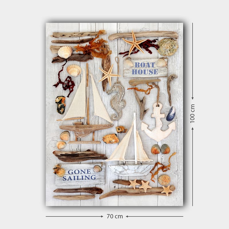 Canvastavla 70x100 cm - Maritim komposition med segelbåtar, snäckor och sjöstjärnor som skapar en somrig atmosfär - Beige / Brunt / Blått - Inredning & dekor - Tavlor & konst - Canvastavla