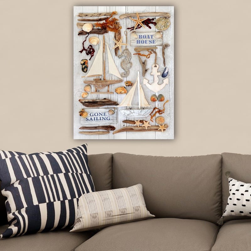 Canvastavla 70x100 cm - Maritim komposition med segelbåtar, snäckor och sjöstjärnor som skapar en somrig atmosfär - Beige / Brunt / Blått - Inredning & dekor - Tavlor & konst - Canvastavla