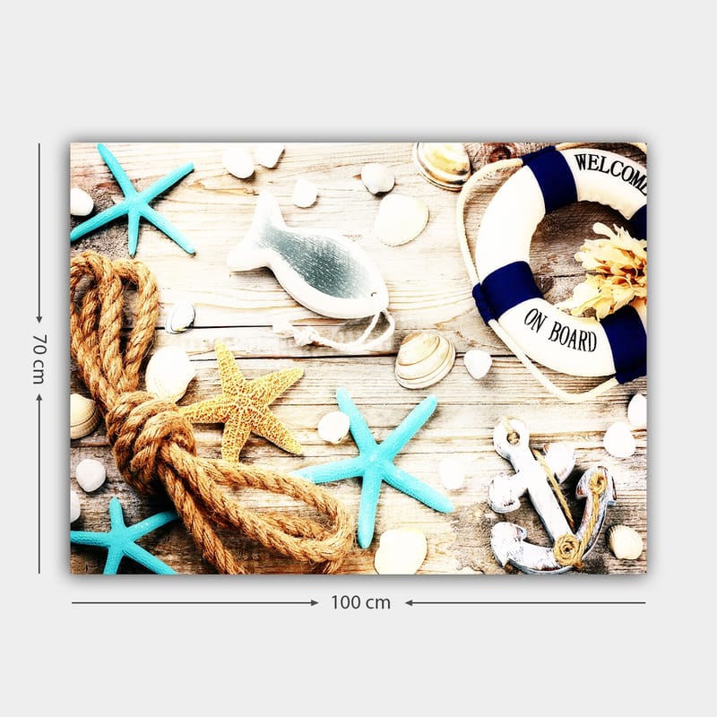 Canvastavla 70x100 cm - Maritim stillhet med sjöstjärnor, snäckor och en livboj som skapar en somrig känsla - Turkos / Beige / Gult - Inredning & dekor - Tavlor & konst - Canvastavla