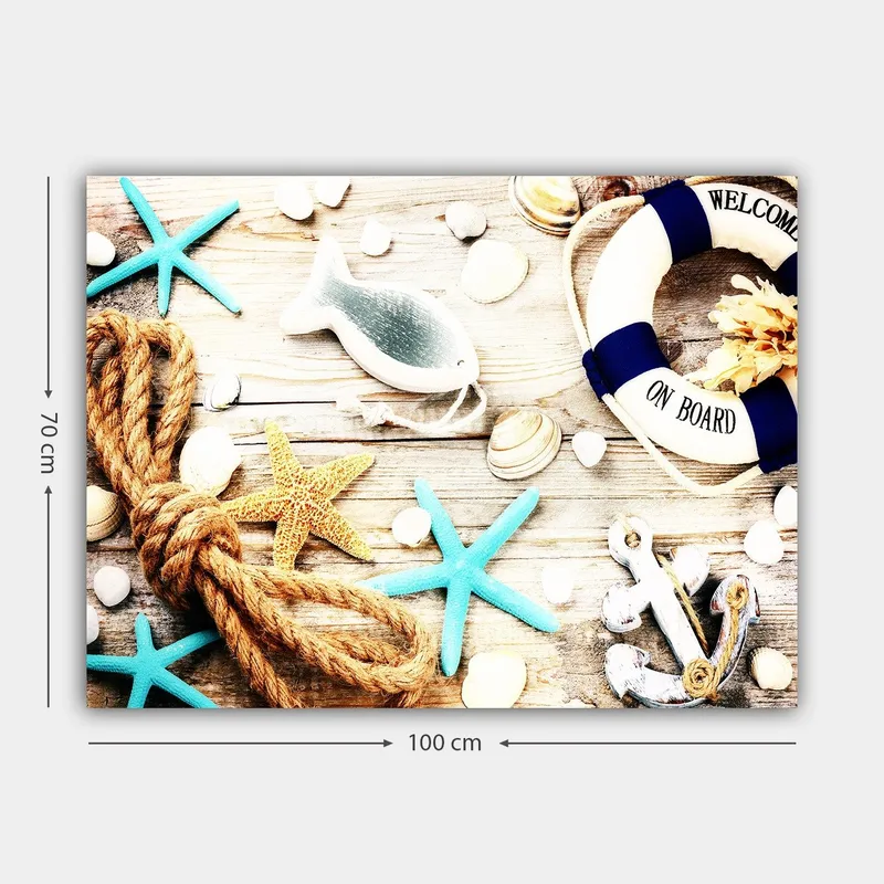 Canvastavla 70x100 cm - Maritim stillhet med sjöstjärnor, snäckor och en livboj som skapar en somrig känsla - Turkos / Beige / Gult - Inredning & dekor - Tavlor & konst - Canvastavla