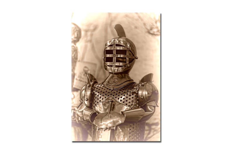 Canvastavla 70x100 cm - Medeltida riddare i rustning med ett karakteristiskt hjälmdesign - Silver / Grå / Brunt - Inredning & dekor - Tavlor & konst - Canvastavla